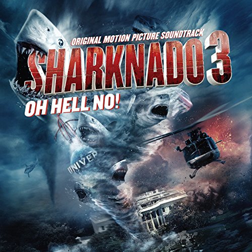 Sharknado 3" soundtrack album cover with sharks, helicopters, and destruction.