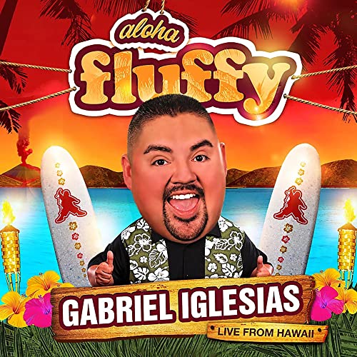 CD cover for Gabriel Iglesias’ “Aloha Fluffy” with a cartoon portrait.
