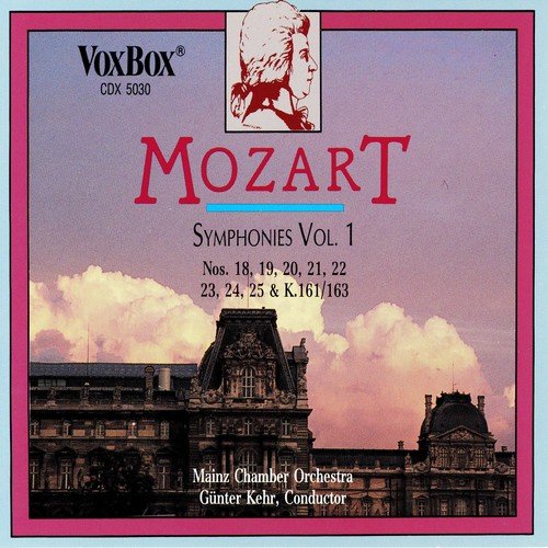 CD cover with Mozart's image and a building under a cloudy sky.