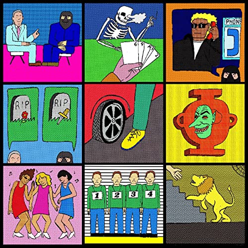 CD cover with nine colorful, cartoonish panels depicting various scenes.