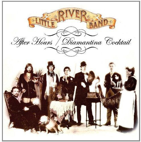 "CD cover with sepia-toned image of band members in formal attire, with dog."