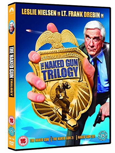 DVD case for "The Naked Gun Trilogy" with Leslie Nielsen holding a badge.