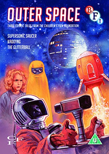 DVD cover for “Outer Space” featuring children, robots, and a spaceship.