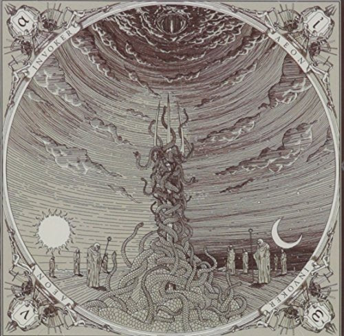 Detailed, ornate CD cover art for Invoker’s “Aeon” featuring a central, complex illustration.