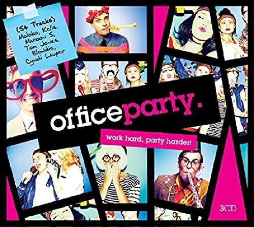 "CD cover with 'office party' text, surrounded by Polaroid photos of people partying."