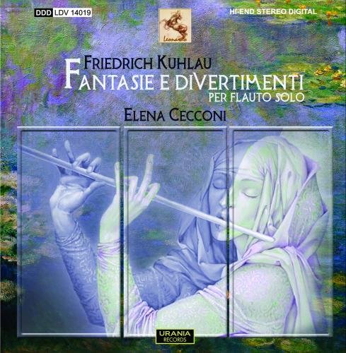 CD cover with a woman playing flute, surrounded by abstract background.