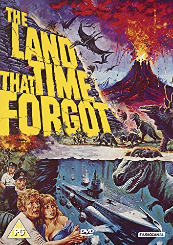 DVD cover for "The Land That Time Forgot" featuring dinosaurs and a submarine.