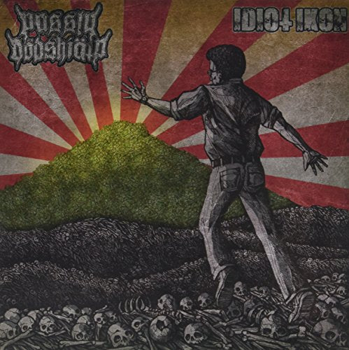 Man standing on skulls, with a green hill and radiating sunburst.