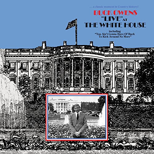 "CD cover featuring black and white White House image with inset photo of Buck Owens."