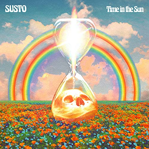 Album cover: hourglass with skull, rainbow, flowers, and sunlit clouds.