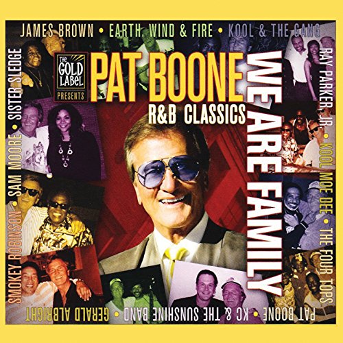 "CD cover featuring Pat Boone surrounded by images of various musicians on a red background."