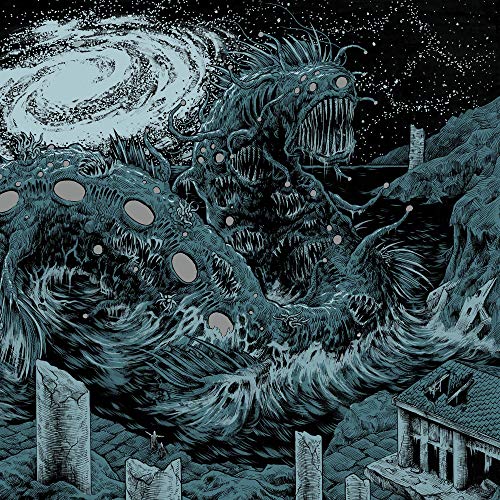 Blue-toned illustration of a monstrous creature rising from the sea.
