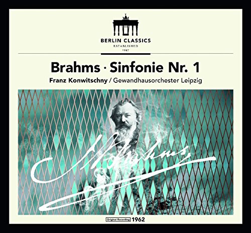 CD cover with black and white portrait of Brahms and diamond pattern background.