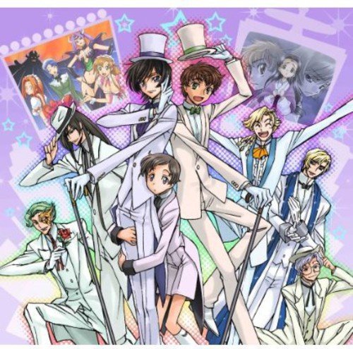 Anime characters in formal wear with a purple, starry background.