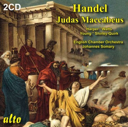 "CD cover with a classical painting of robed figures and a burning temple."