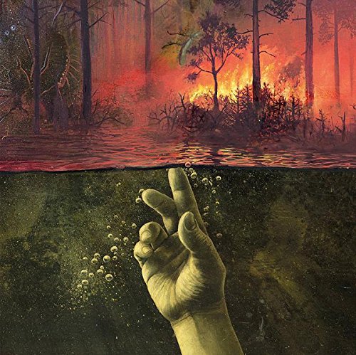 A hand rising from murky water, with a forest fire above.