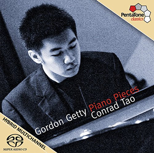 CD cover with a man playing piano, titled "Gordon Getty Piano Pieces Conrad Tao".