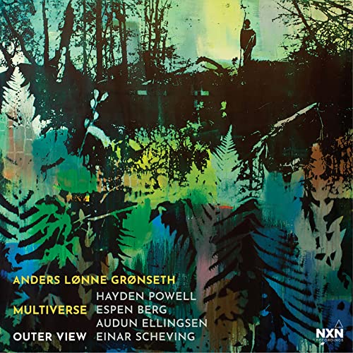 Abstract painting of a forest with a lone figure, CD cover art.