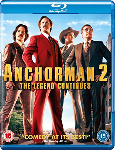 Blu-ray cover for Anchorman 2 featuring four men in 1970s suits standing outdoors.