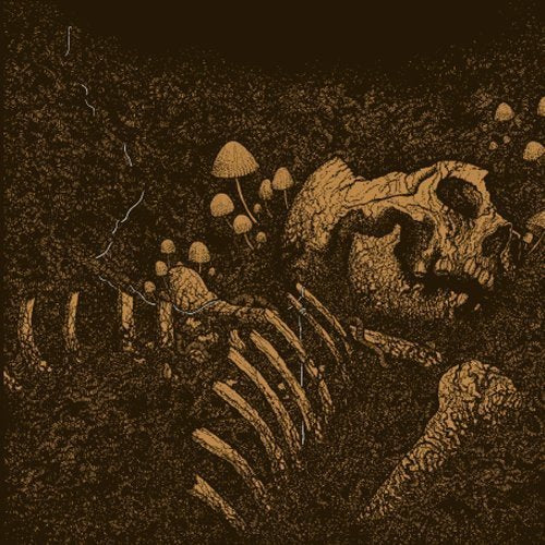 Sepia-toned illustration of a skull and skeletal remains among mushrooms.