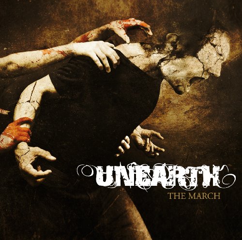 "Album cover art for 'The March' by Unearth, featuring a man being dragged by hands."