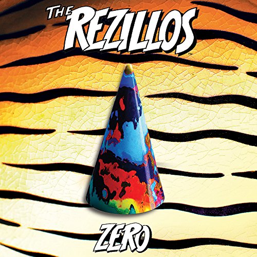 "The Rezillos - Zero CD cover featuring a multicolored cone on a tiger-stripe background."