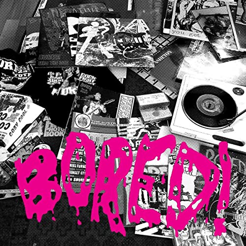Black and white collage with pink "Bored" text, record player, vinyl record.