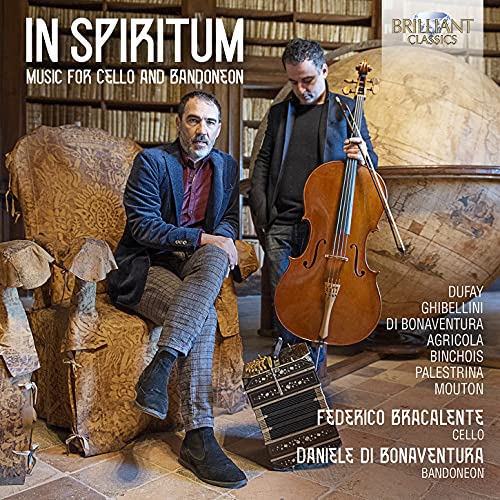 CD cover: two musicians with cello and bandoneon in a library.