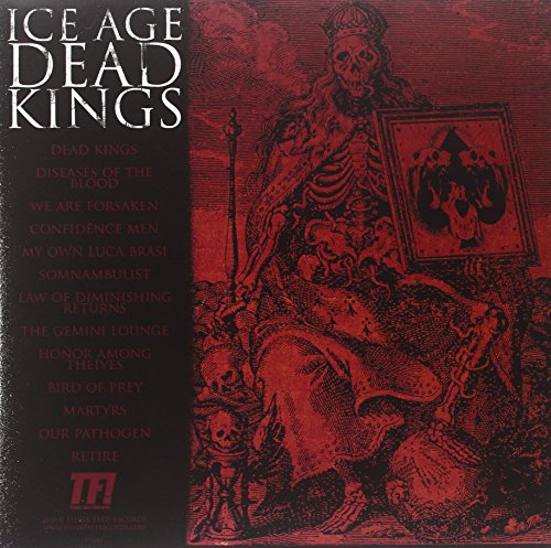 Red vinyl record cover for “Ice Age - Dead Kings” with skeletal imagery.