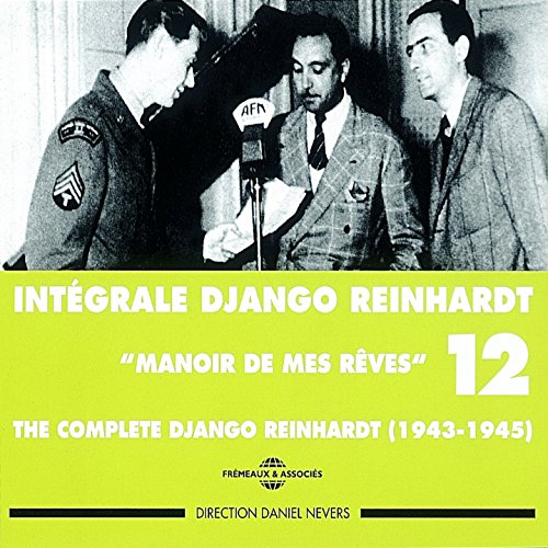 Black and white photo of Django Reinhardt with musicians, album cover art.