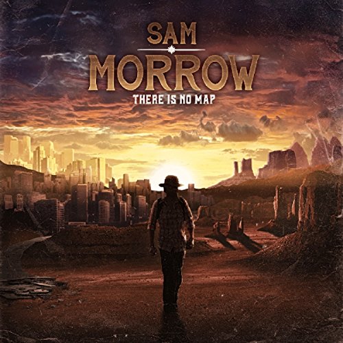 "Album cover for 'There Is No Map' by Sam Morrow, man standing before a cityscape."