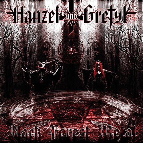 "Album cover art featuring dark forest scene with figures and pentagram, red and black tones."