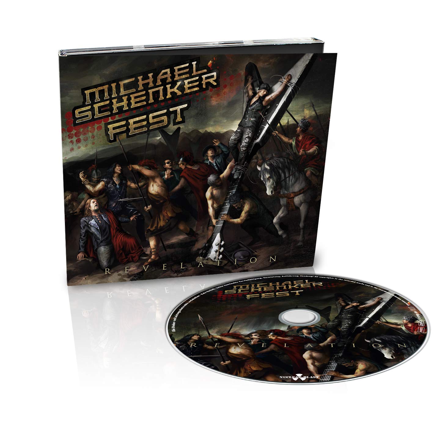 "CD case and disc with battle scene artwork, titled 'Michael Schenker Fest - Revelation'".