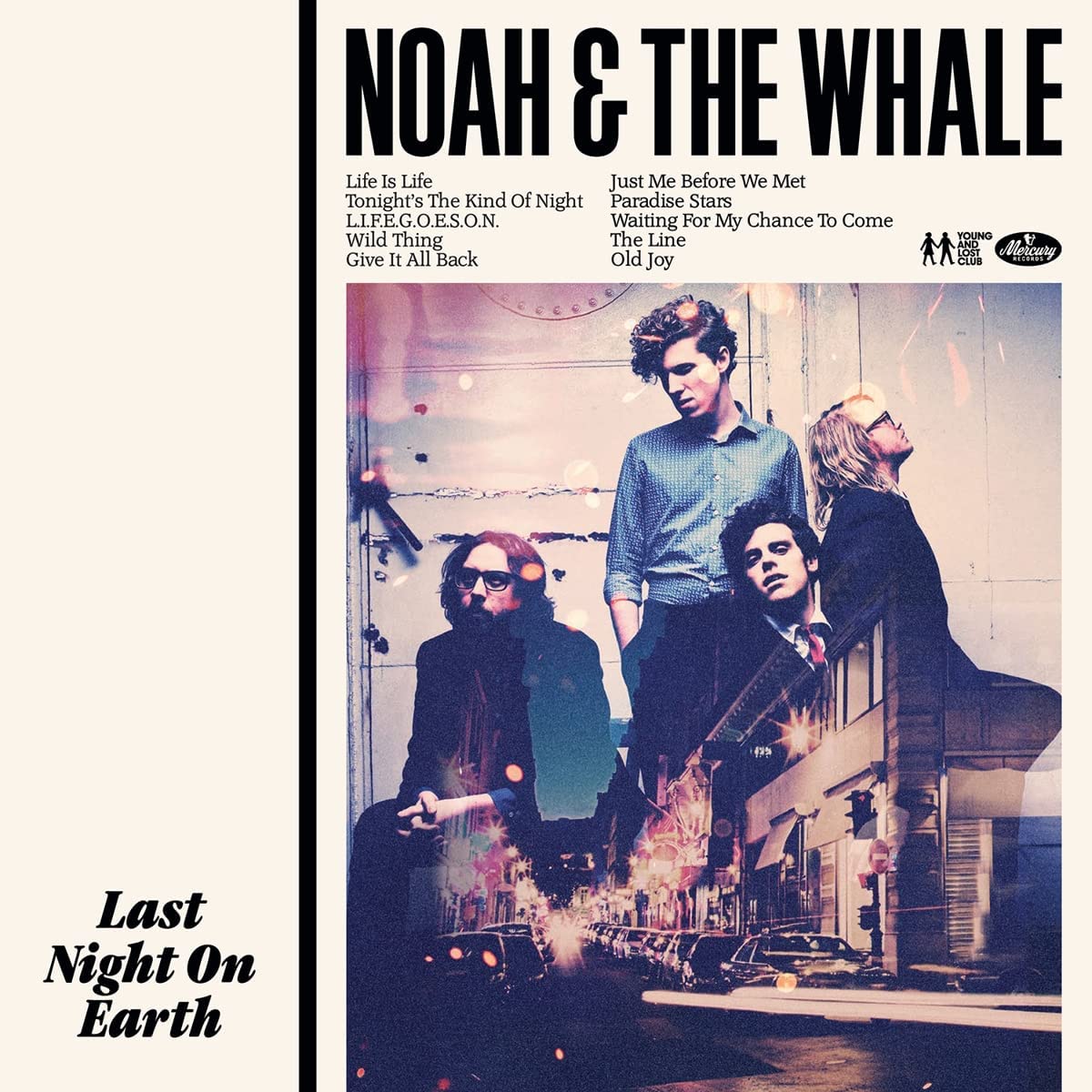 Vinyl album cover with band photo and tracklist on a white background.