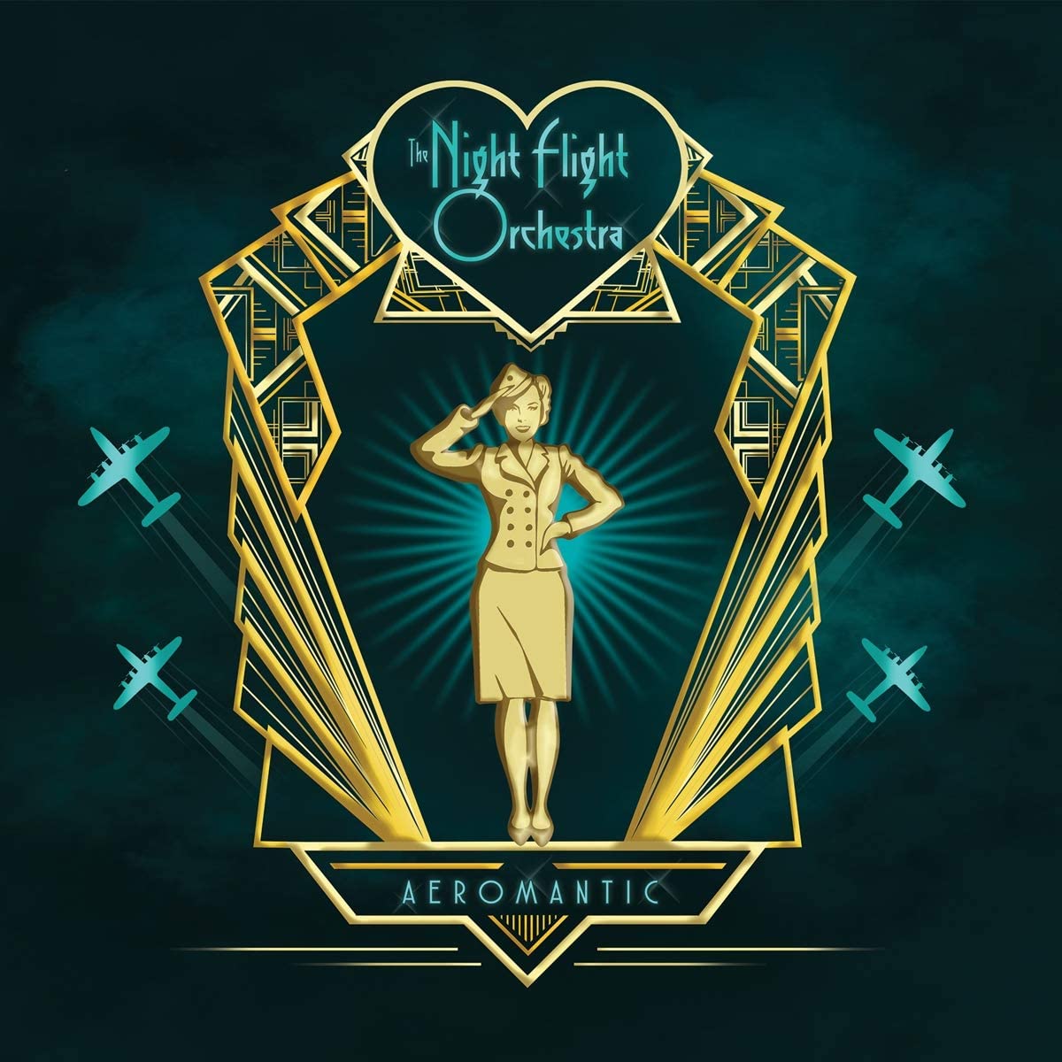 "Album cover featuring a gold-framed stewardess surrounded by airplanes on a dark background."