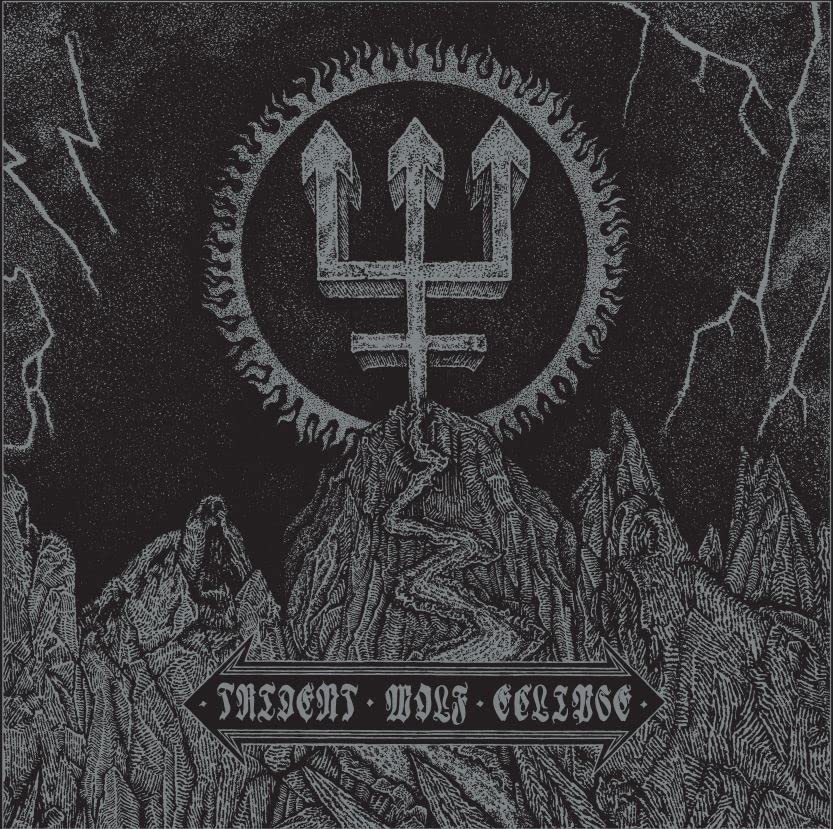 Black and white album cover with a trident symbol and mountains.