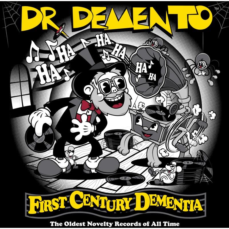 Dr. Demento album cover: cartoon characters and musical notes on black.