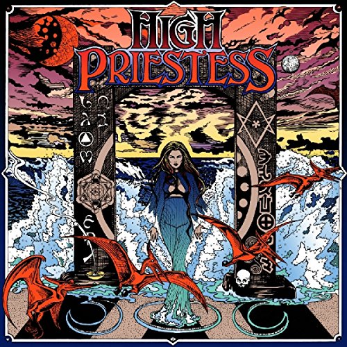 "Album cover art featuring a woman standing between two pillars, surrounded by red dragons."