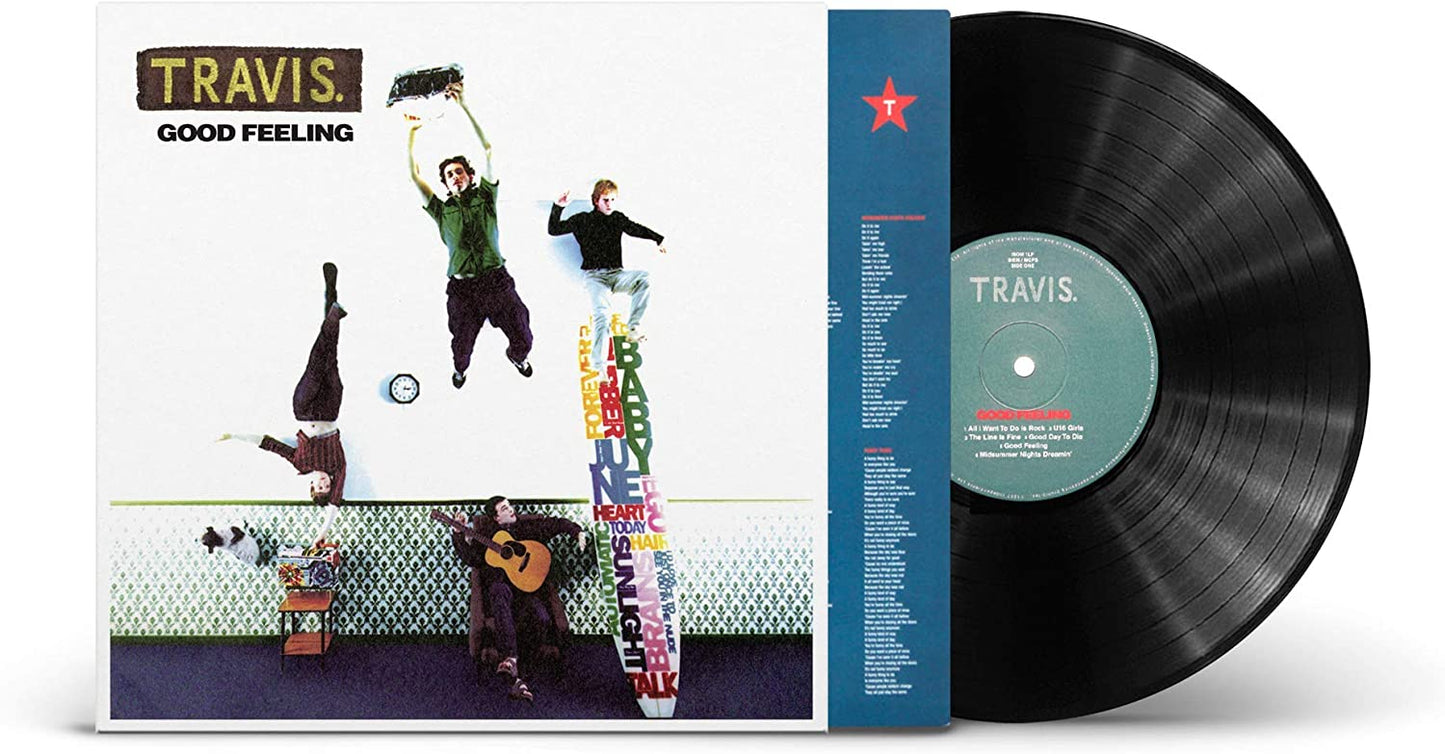 "Album cover featuring four men in playful poses with colorful lyrics on a fence."