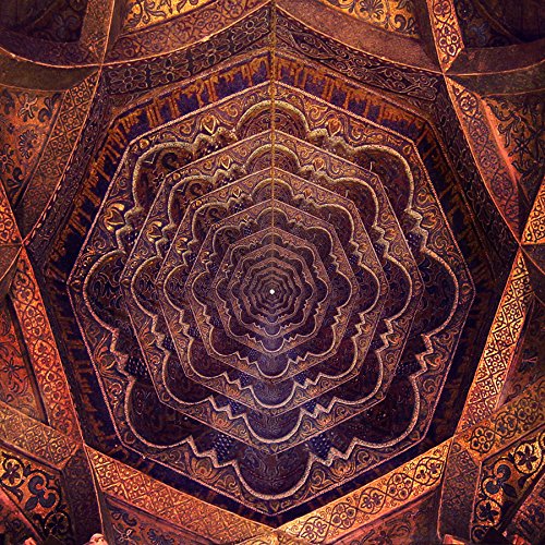 An intricately designed, ornate, hexagonal ceiling pattern with layered, floral motifs in shades of gold.