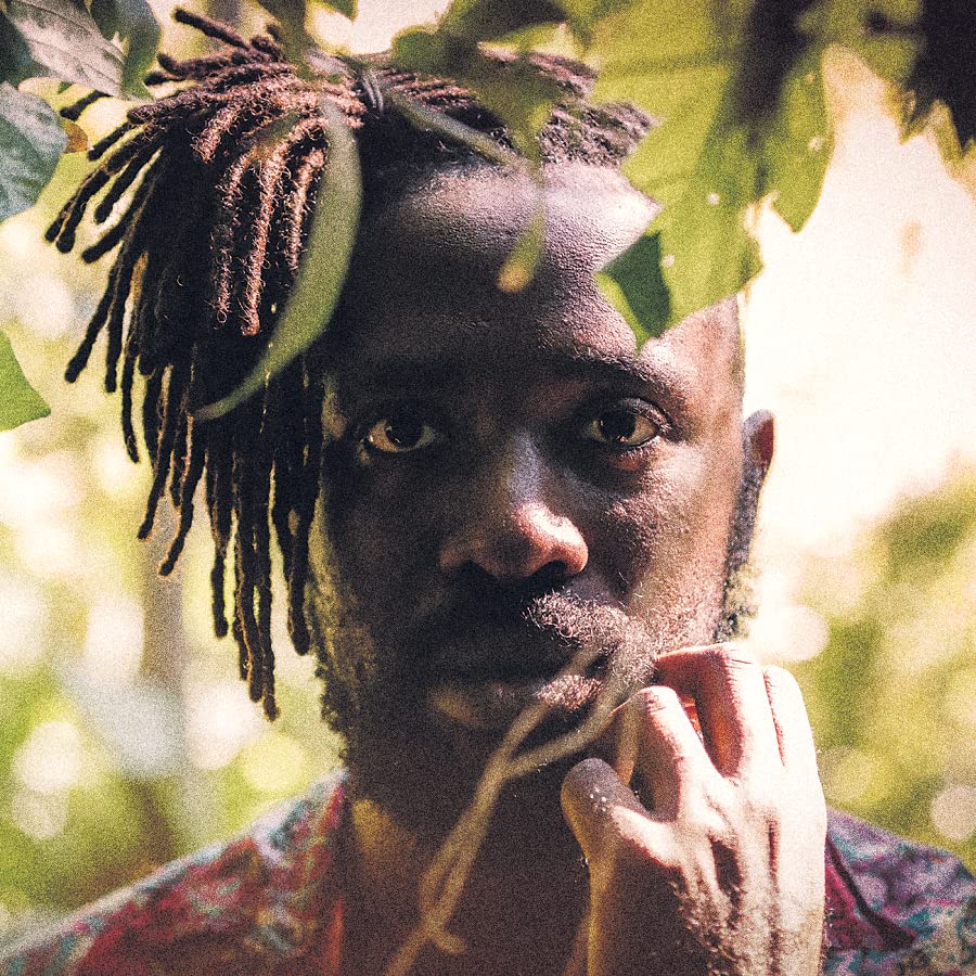 Close-up portrait of a man with dreadlocks, partially obscured by leaves.