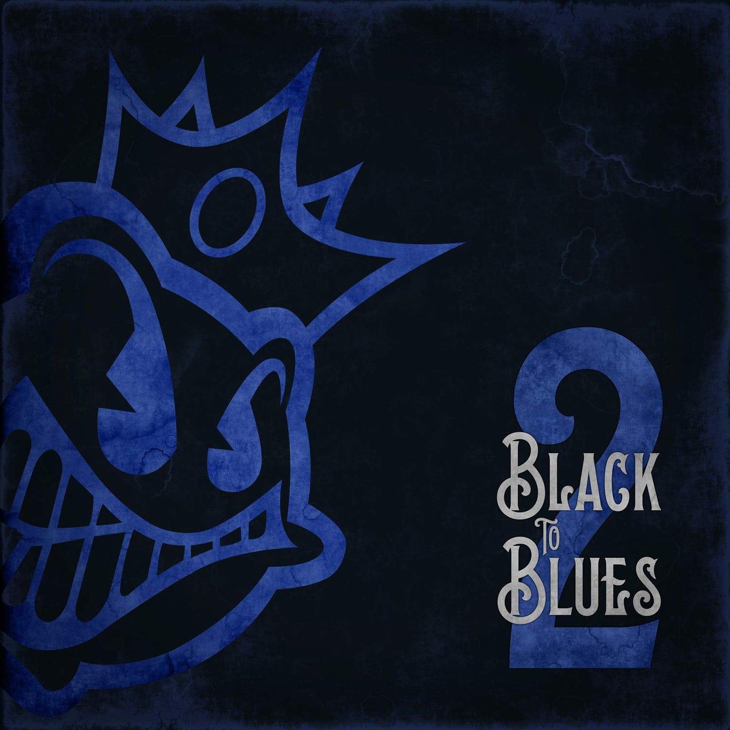 "Album cover with blue cartoon face and 'Black to Blues 2' text on black background."