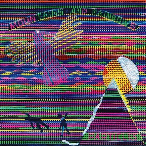 Colorful halftone image of mountains, rainbow, bird, and figures.
