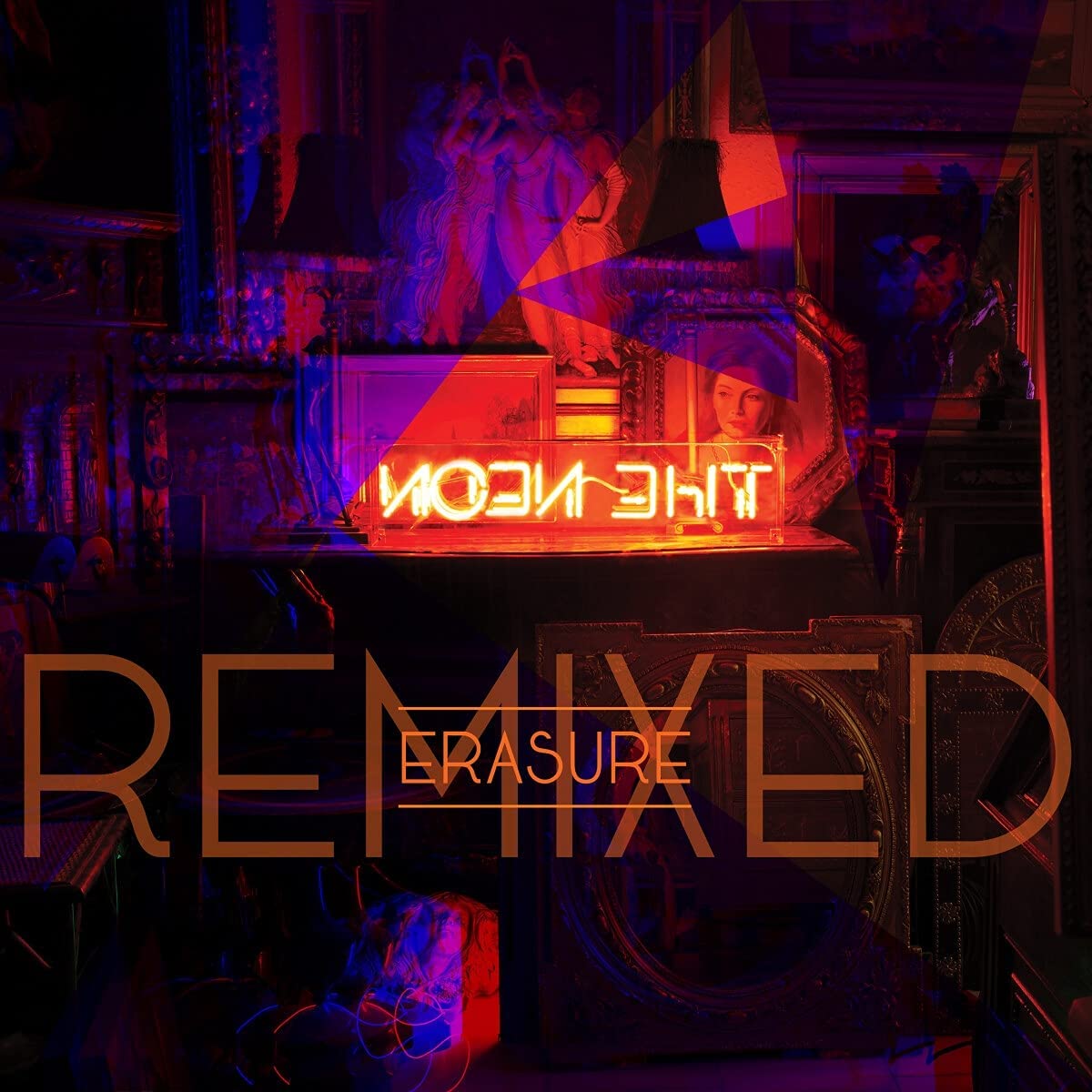 CD cover for Erasure’s “The Neon Remixed” with neon lighting and portraits.