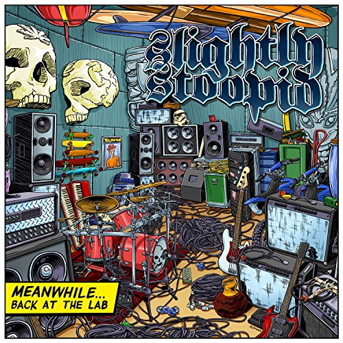 "Album cover art: cluttered recording studio with musical equipment and skulls, 'Slightly Stoopid' text."