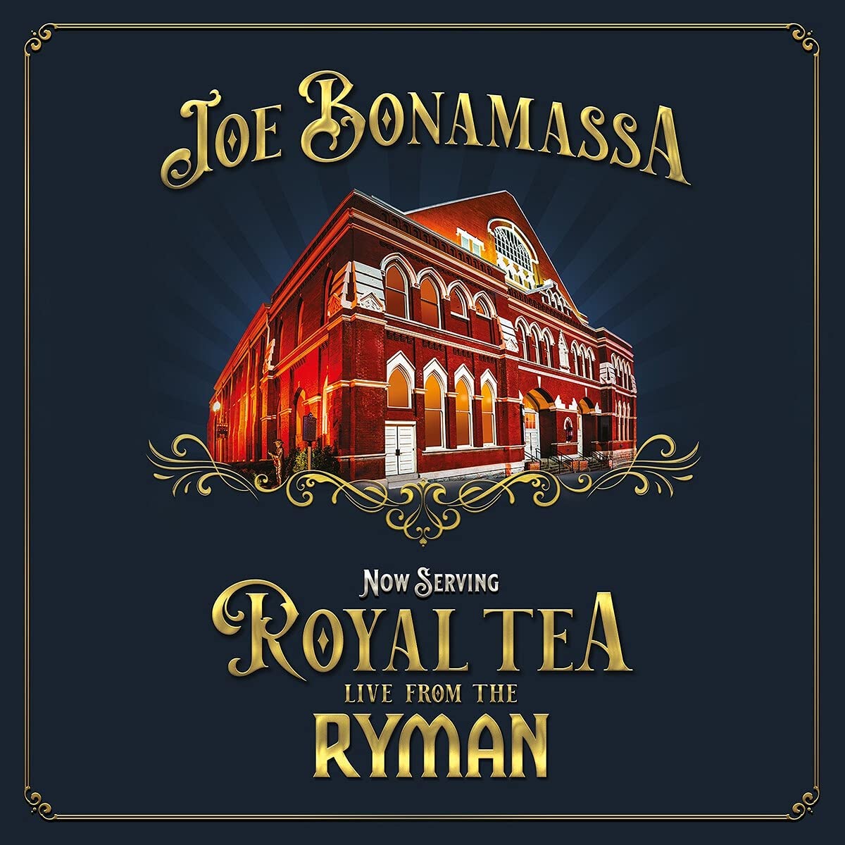 "Album cover featuring a red building with gold text on a dark blue background."