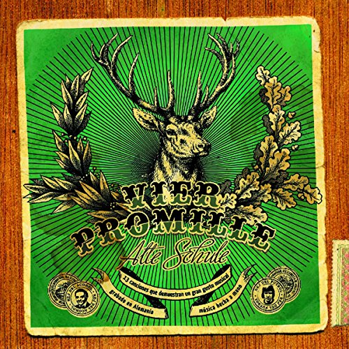 Green album cover with deer illustration, leaves, and ornate text on a wooden background.