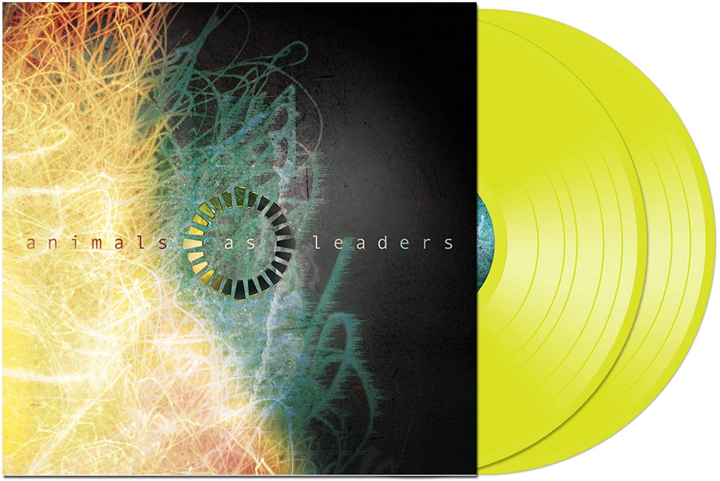 Yellow vinyl record with a black and yellow album cover featuring abstract designs.