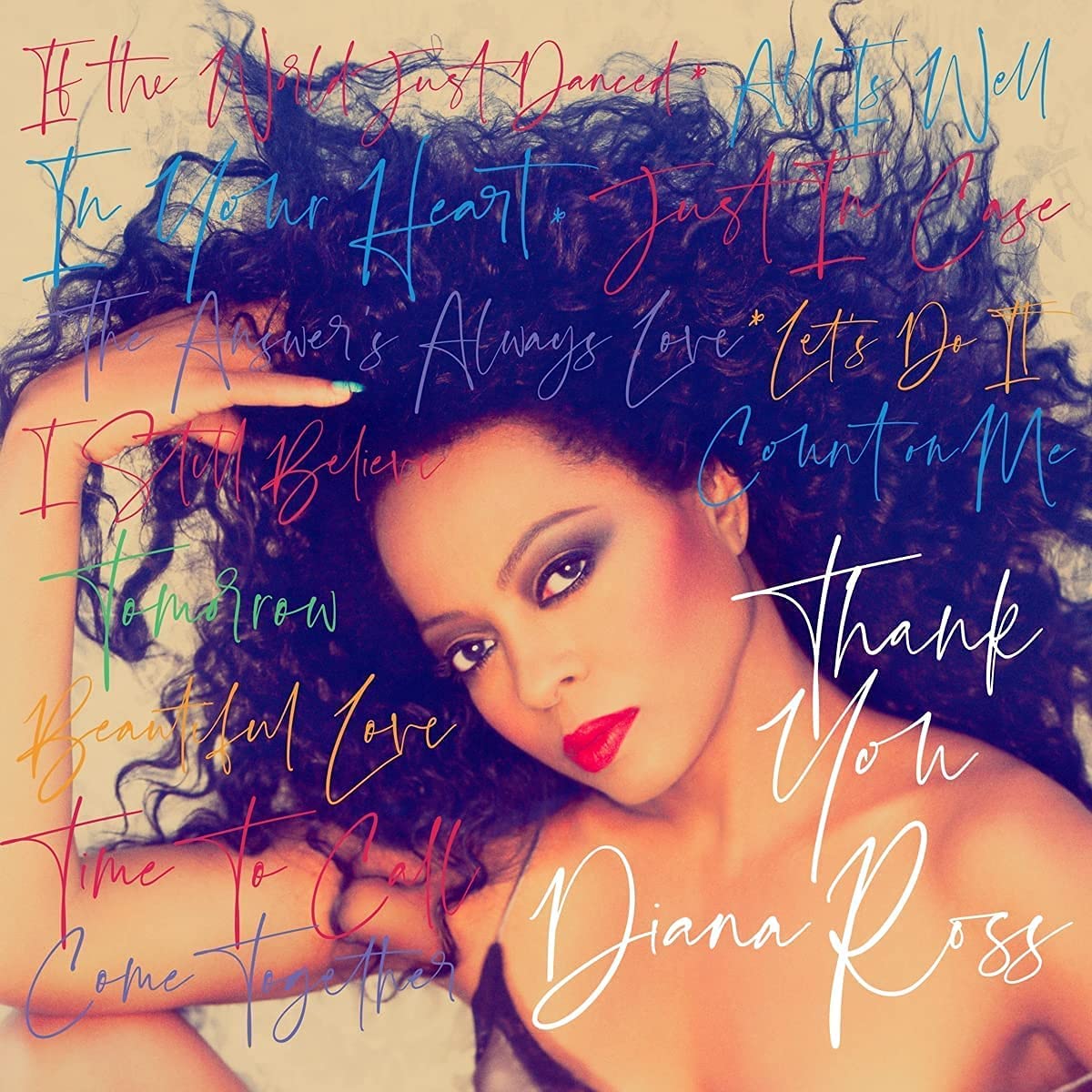 Diana Ross album cover, close-up portrait with colorful text overlay.