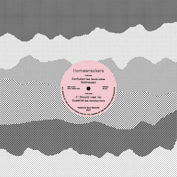 Black and white vinyl record label with wavy line design and text.